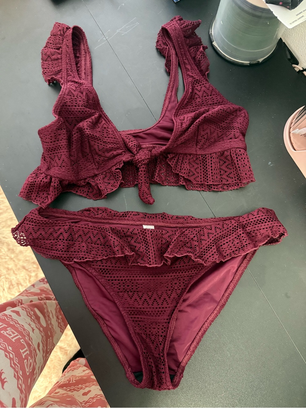 Women’s Ruffle Crochet Bikini Set in Burgundy